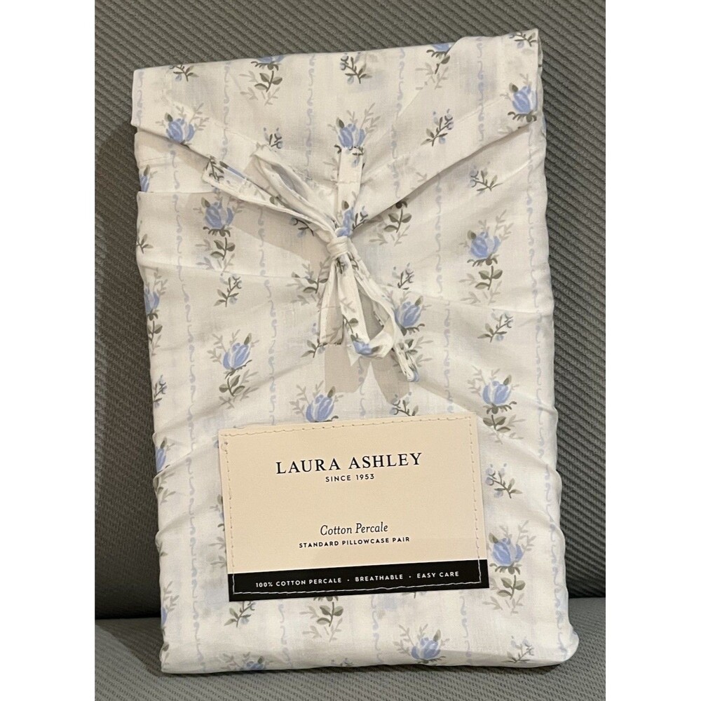 Laura Ashley Sweet Buds Blue Roses Standard Pillowcase Set Cotton Cottage New